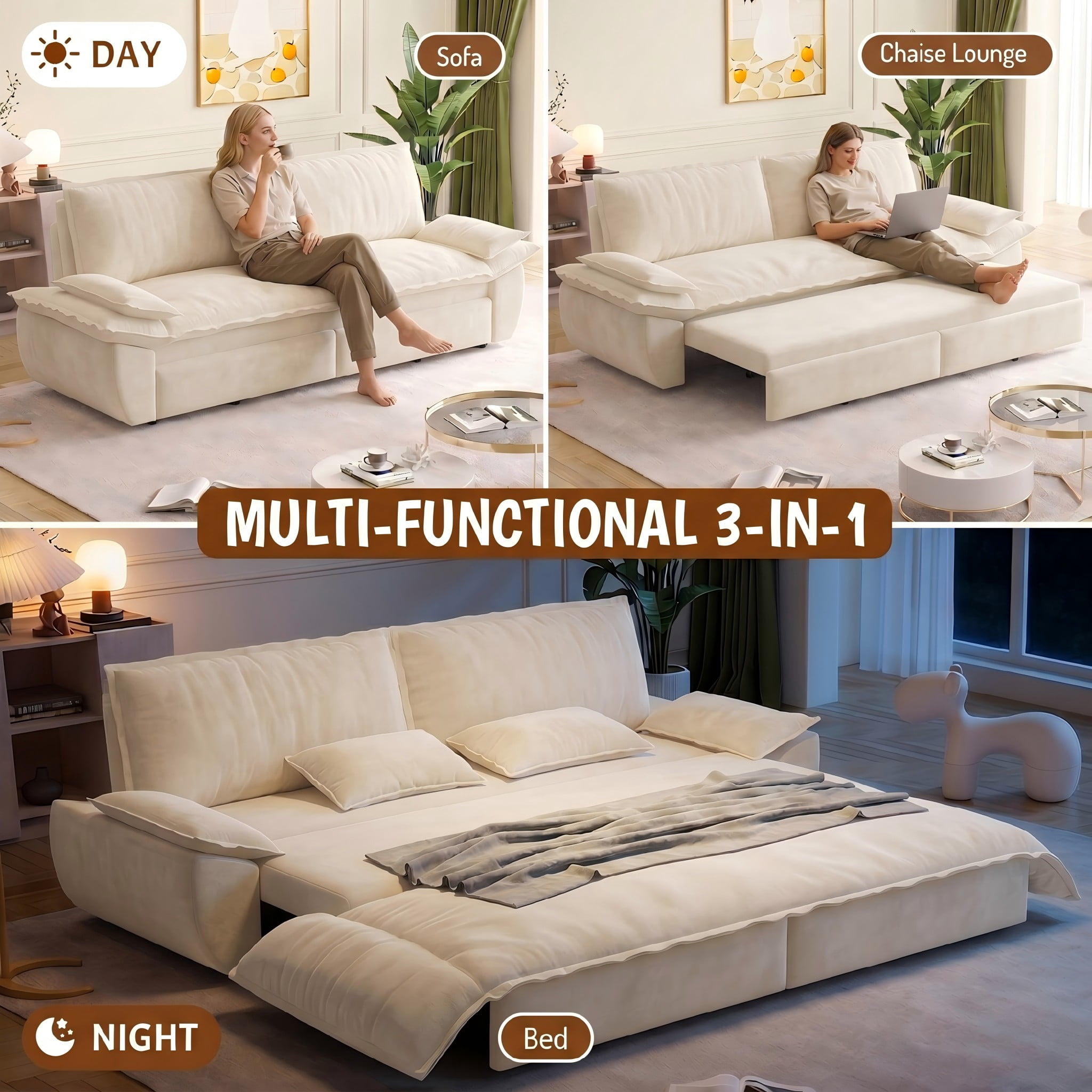 Multi-Functional Velvet 3-in-1 Convertible Sofa Bed, Queen Size Sleeper Loveseat with 2 Pillows, Beige