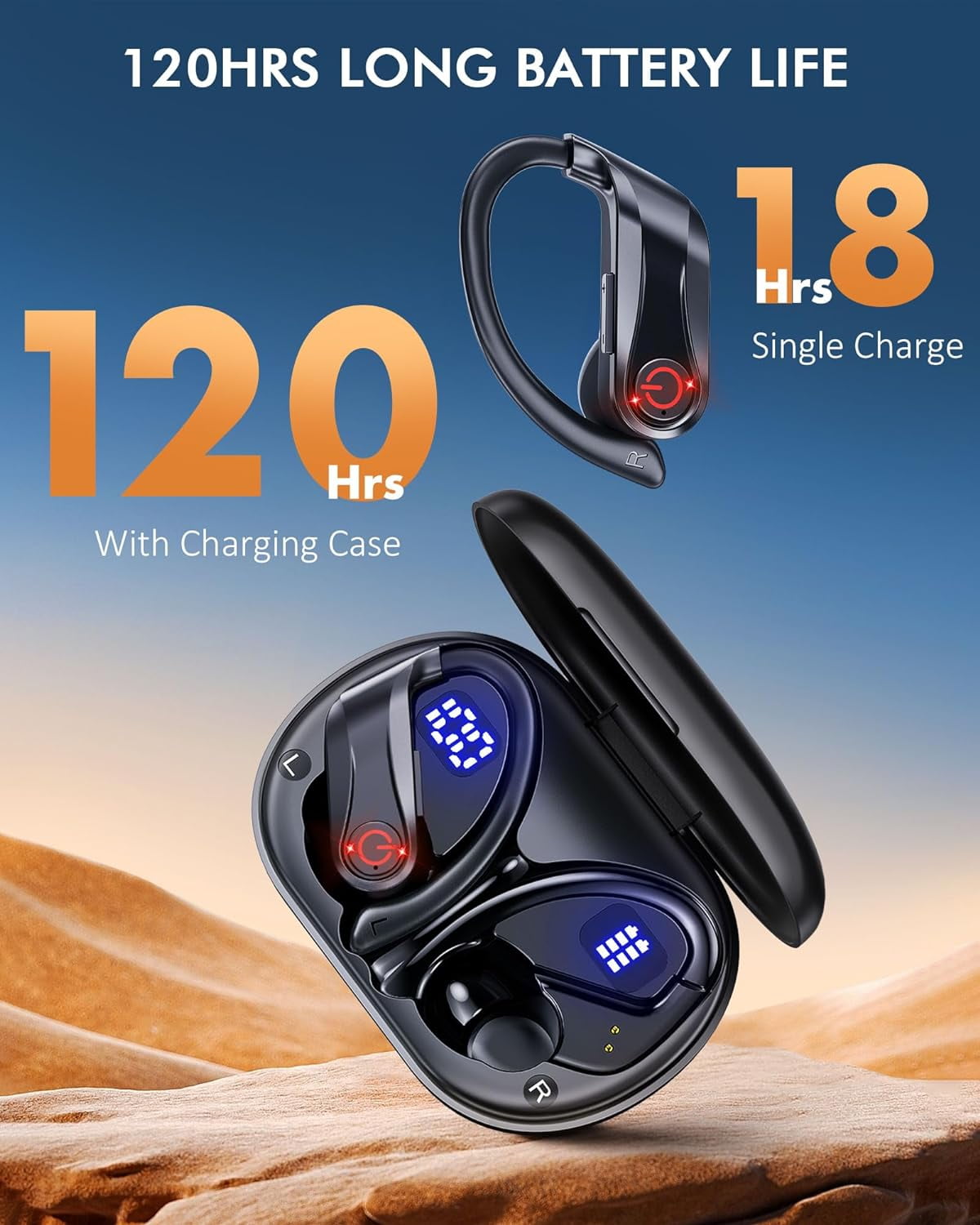 Wireless Earbuds Bluetooth Headphones Sports Over-Ear Bluetooth 5.3 Ear Buds with Earhooks 120H Playtime Wireless Headphones for Workout Waterproof Bluetooth LED Power Display