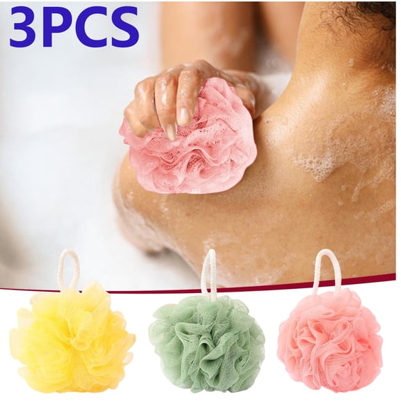 3Pcs Bath Sponge, Multicolor Shower Loofah, Exfoliating Body Scrubber, Soft Mesh Bath Pouf with Hanging Lanyard, Gentle Cleansing Bath Ball for All Skin Types