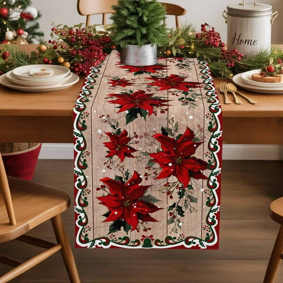 Christmas Poinsettia Cotton Linen Table Runner Winter Red Floral Pine Leaf Wood Grain Dining Table Runners for Home Decor Party Dining Room Restaurant Kitchen Party 13" x 48"