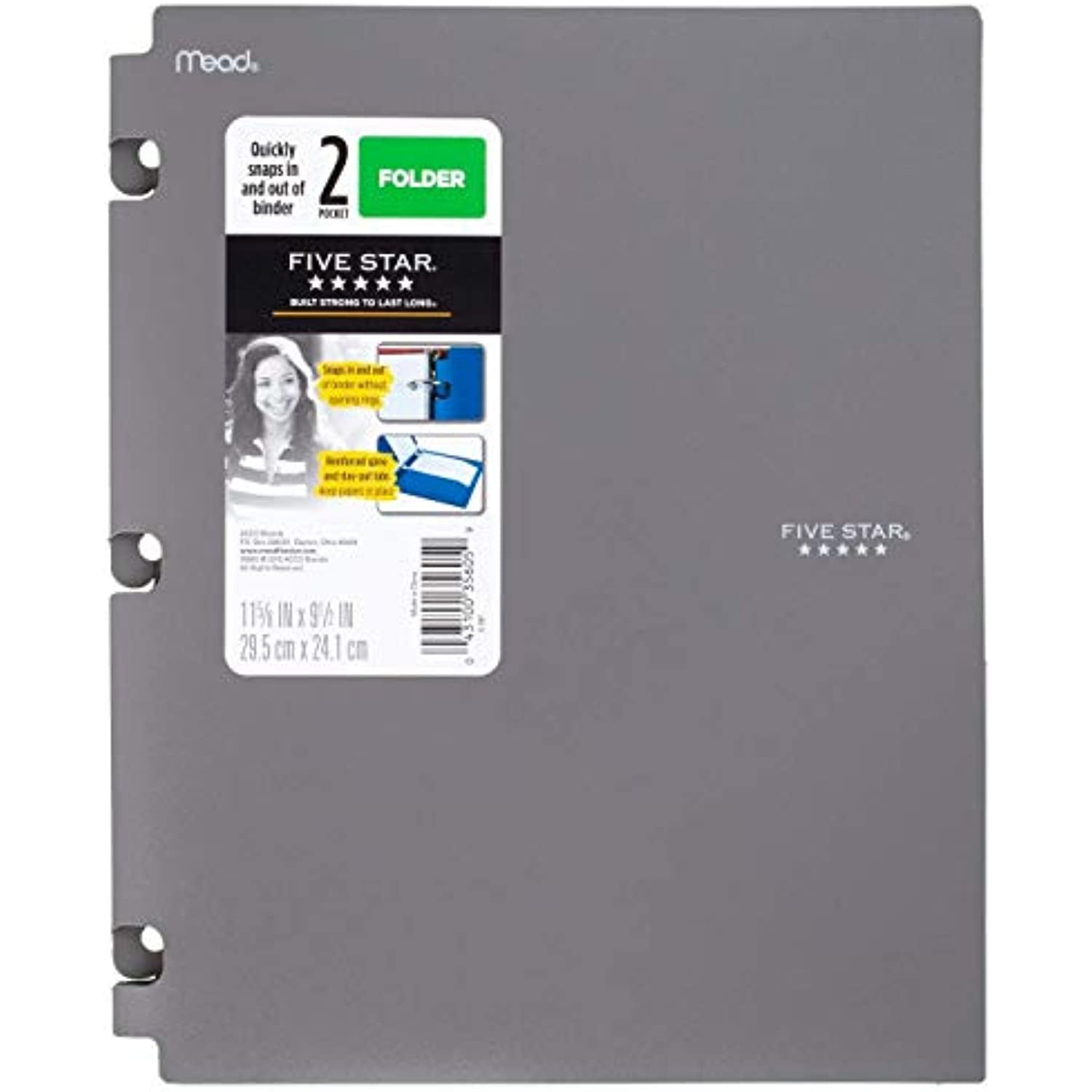 Snap-in Plastic Folder for Binders 2 Pocket - Five Star/Dimensions 9.5'' X11.62'' Sheet Capacity: 120 (Grey)