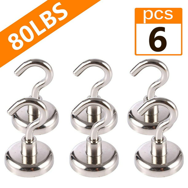 Strong Magnetic Hook Stainless Steel Heavy Duty Neodymium Hanging Magnetic for Fridge 6 Pack 80lb Super-strong Magnetism Hook -