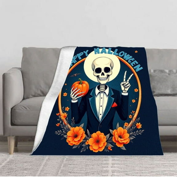 Cozy Flannel Blanket with Skeleton in Suit & Pumpkin Design - Perfect for Halloween Decor Sofa Travel Bed & Chair