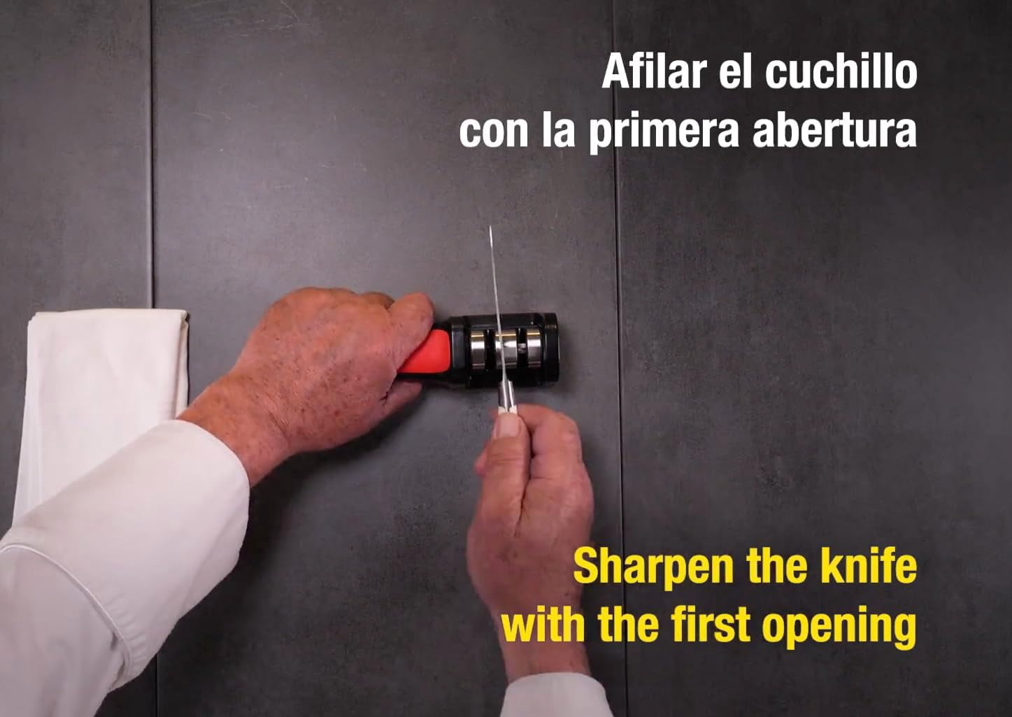 Sharpeners Manual Knife Sharpener tool. Made of + TPE. Carbide and Ceramic s. Keep Your Knives Razor Sharp. Black and Red Color