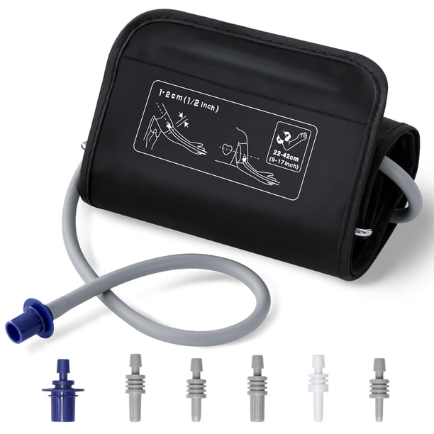 Brazalete de repuesto para presión arterial de 23 a 43 cm. Brazalete de amplio rango de medición, apto para brazos medianos y grandes. Conectores de 6 tamaños. Compatible universalmente con monitores