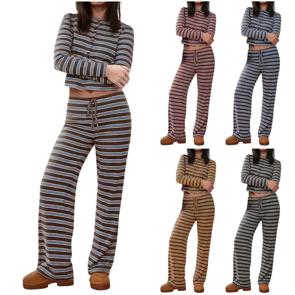 CHUMUD Two Piece Sets for Women Pants Set Summer Vacation Outfits Long Sleeve Button Tops Trousers Lounge Matching Sets Striped Fashion Clothes Casual Going Out