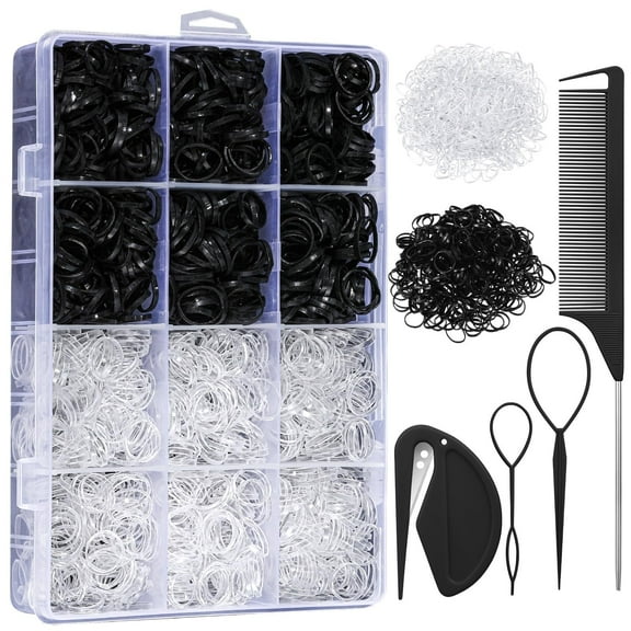 RYLZX 1800pcs Elastic Hair Bands with Hair Loop Styling Tool Set, Clear Mini Hair Bands and Black Elastic Hair Ties with Rubber Band Cutter Organizer Box Hair Accessories for Toddler  Girl Women