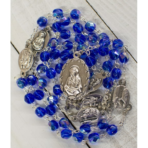 Our Lady of Sorrows Rosary Chaplet with Blue Crystal Beads