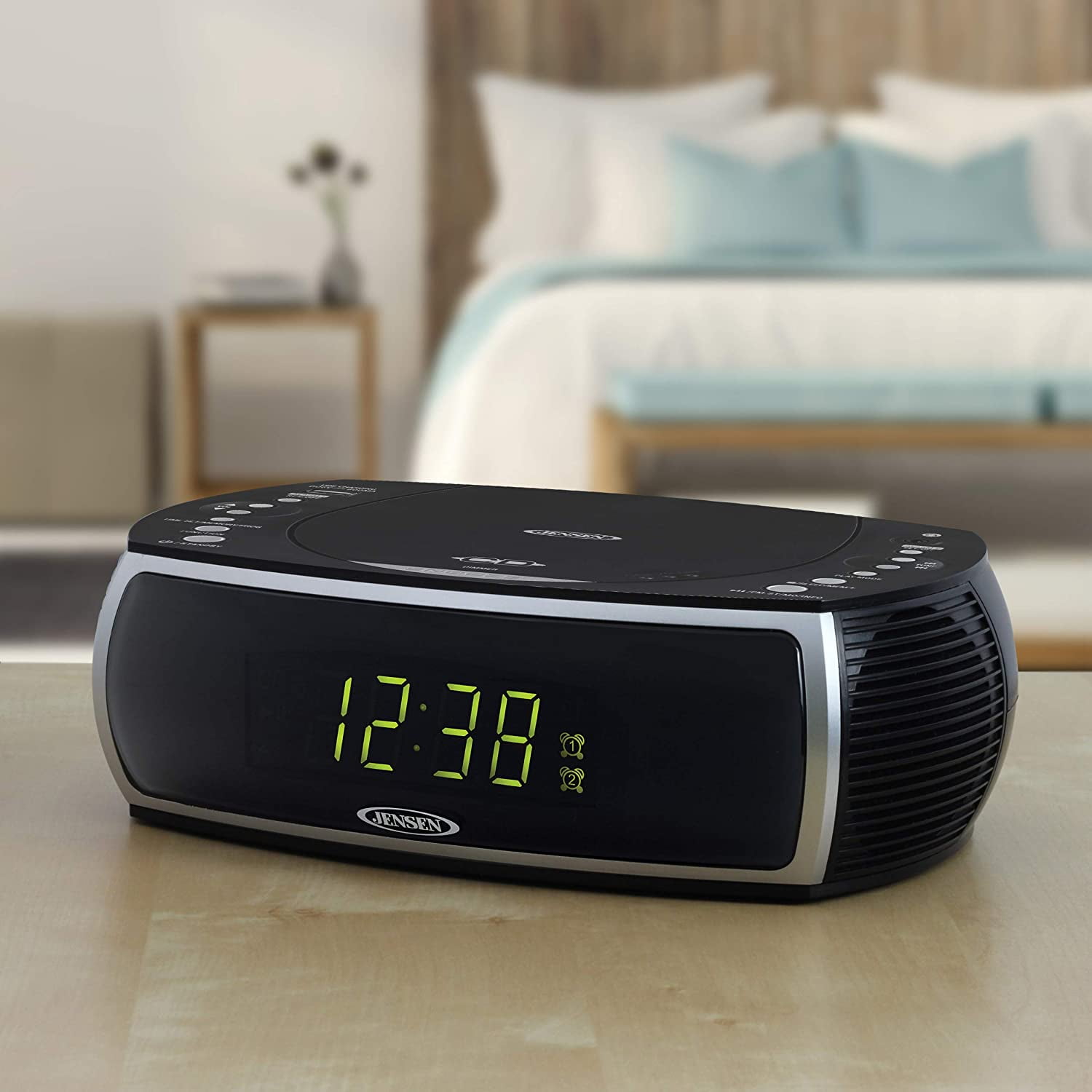 Jensen JCR-322 Modern Home CD Tabletop Stereo Clock Digital AM/FM Radio CD Player Dual Alarm Clock (Black)