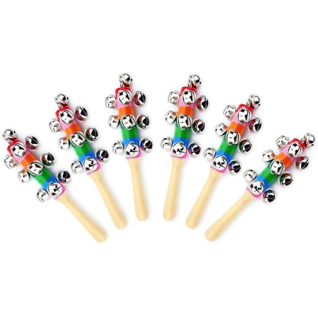 6 piezas de cascabeles de madera, cascabeles de madera con mango de arcoíris, cascabeles, sonajero, juguetes musicales para bebés y niños