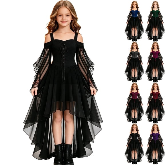 CIAKGIAF Girls Gothic off Shoulder Dress High Low Lace Sleeve Halloween Costume Party Dress