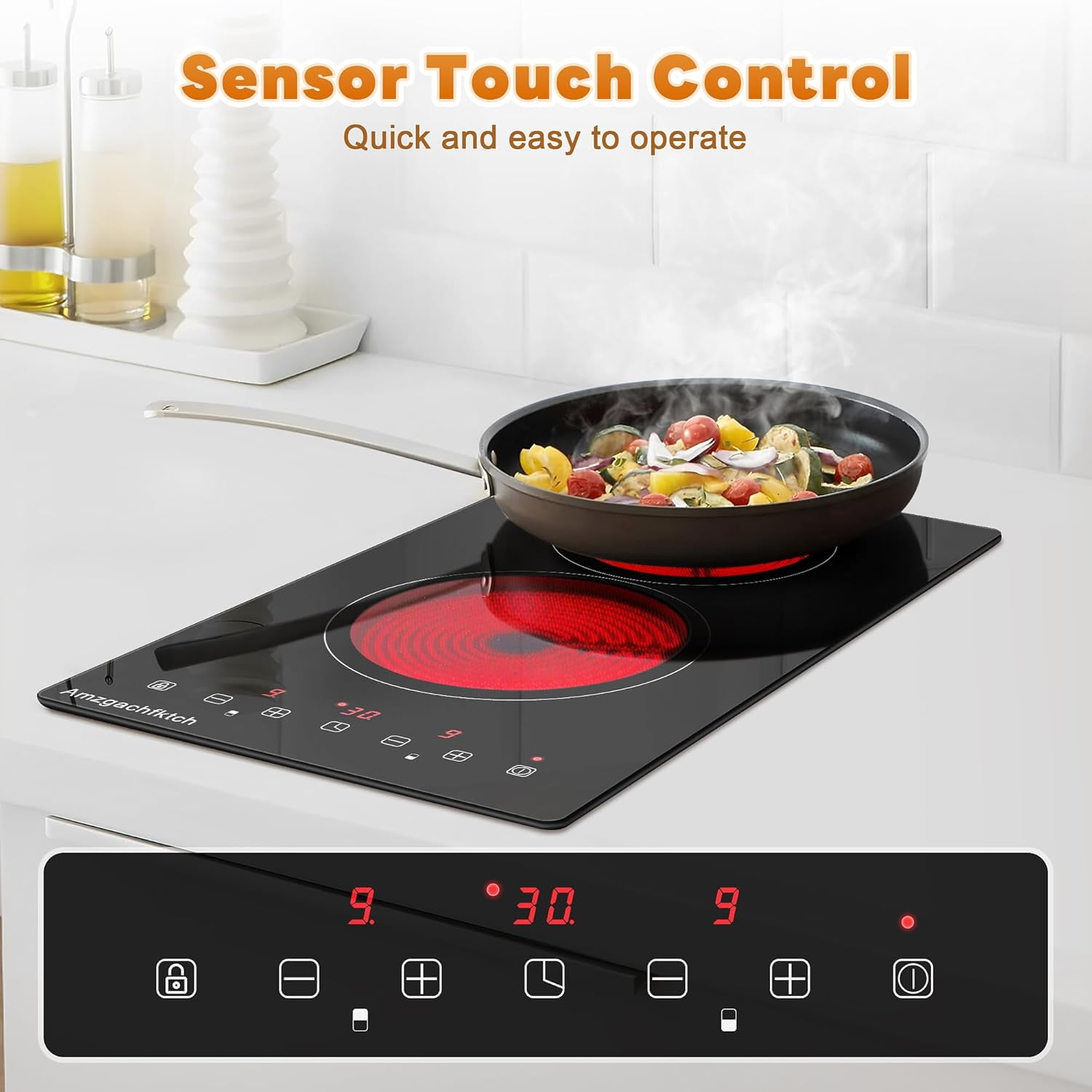 2 4 5 Burner Electric Cooktop 220V~240V, 12 24 30 Inch Built-in 3000W Ceramic Stove Top with Child Safety Lock, Timer & Residual Heat Indicator, Hard Wire(No Plug) for Modern Kitchens