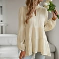 thumbnail image 7 of Spring Trendy Pleated Tops for Women Long Puff Sleeve Crewneck Keyhole Tiered Casual Flowy Babydoll Shirts Beige,XL, 7 of 7