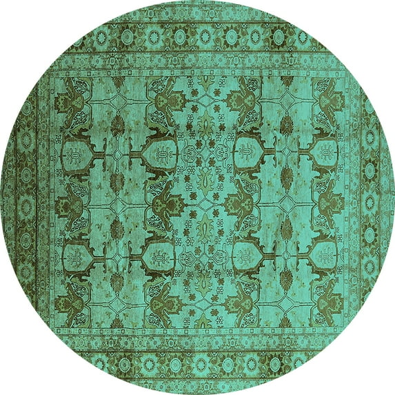 Ahgly Company Machine Washable Indoor Round Oriental Turquoise Blue Industrial Area Rugs, 3' Round