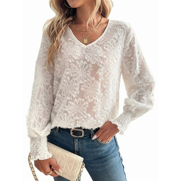 Women'S Long Sleeve Shirts Lantern Sleeve V Neck Casual Loose Chiffon Blouses Tops White XL