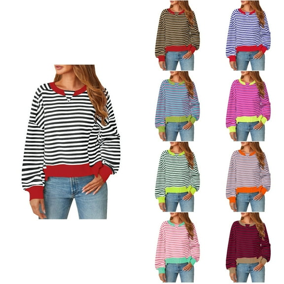 Antinious Womens Sweatshirt Crewneck Long Sleeve Crewneck Color Striped Casual Workout Tops,Winter Sweatshirt for Women,Going Out Tops for Women,Brown,XXL