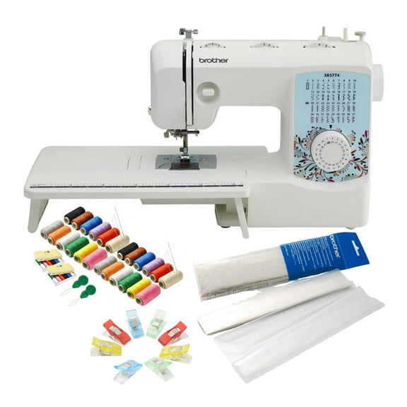Brother XR3774 Wide Table Sewing and Quilting Machine Bundle with Multipurpose Sewing Clips, Stabilizer Roll and 2 x 12 Color Sewing Thread Kit (5 items)