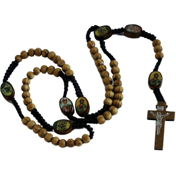 Tan Wooden Beads Rosary with Enamelled Icons Beads with Jesus Imprint Cross