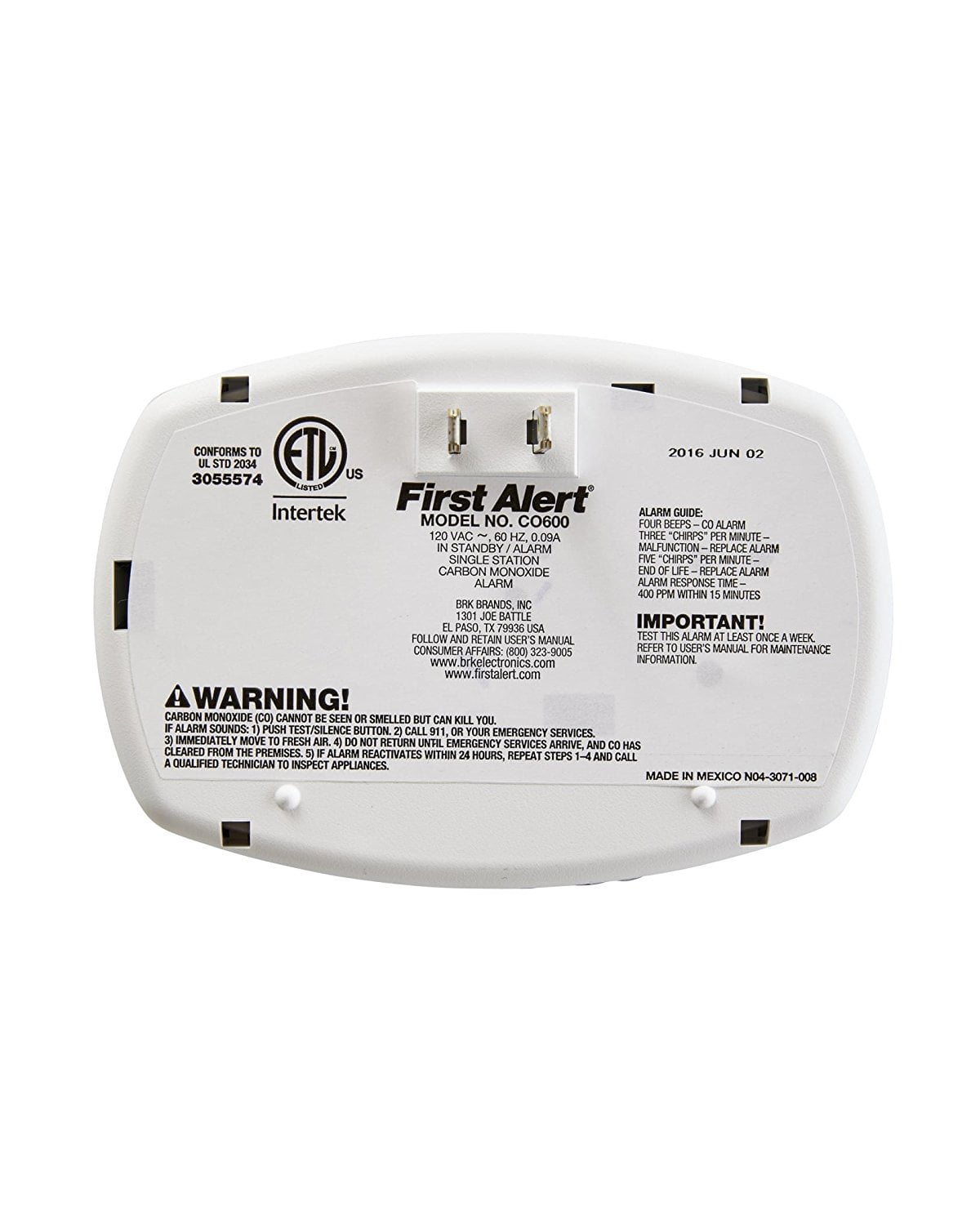 Co600 Plug In Carbon Monoxide Alarm 120v Ac N A By First Alert Walmart Com Walmart Com