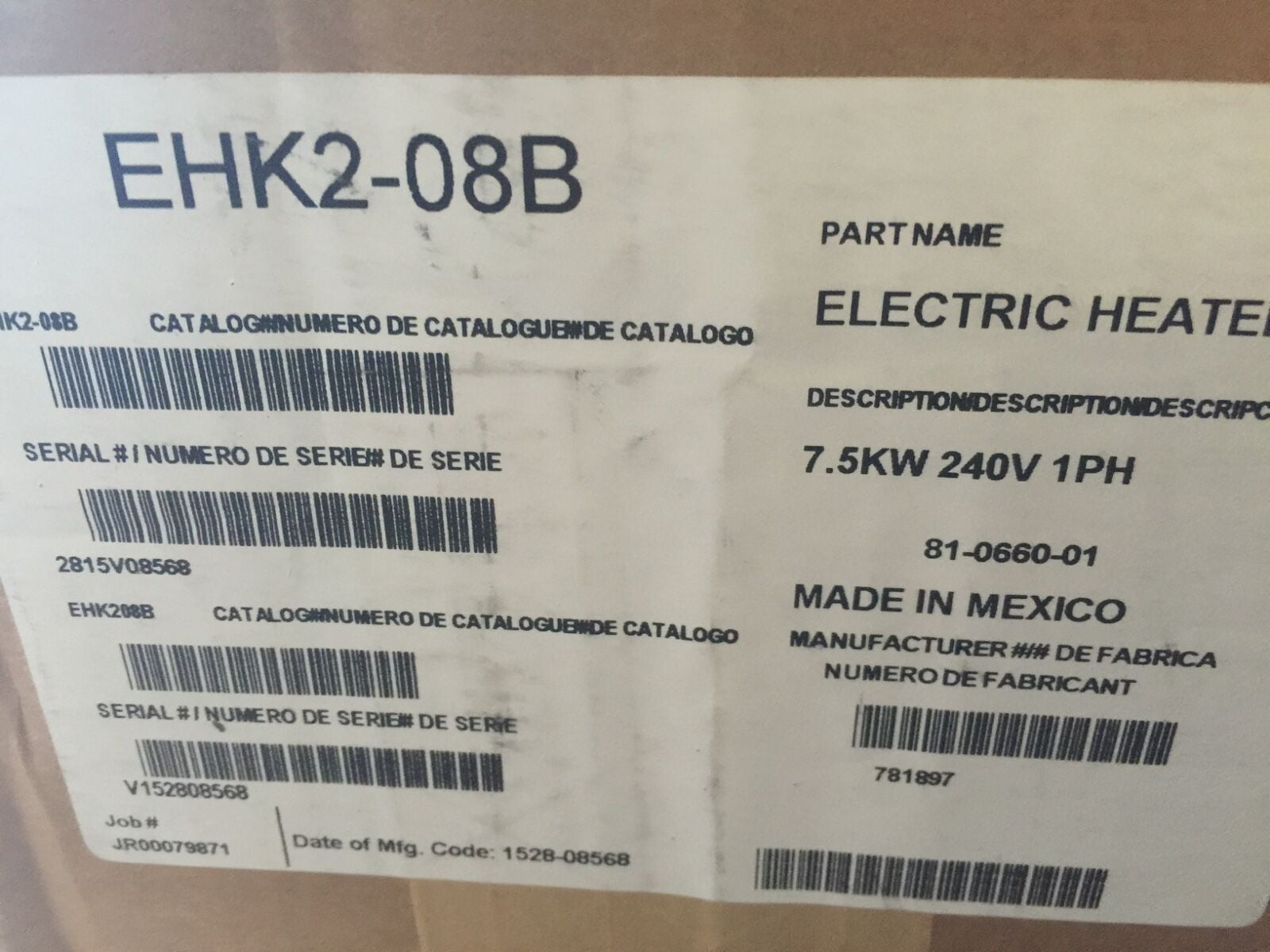 CARRIER PAYNE GRANDAIRE 7.5 Kw Electric AIR HANDLER Heat Kit EHK208B