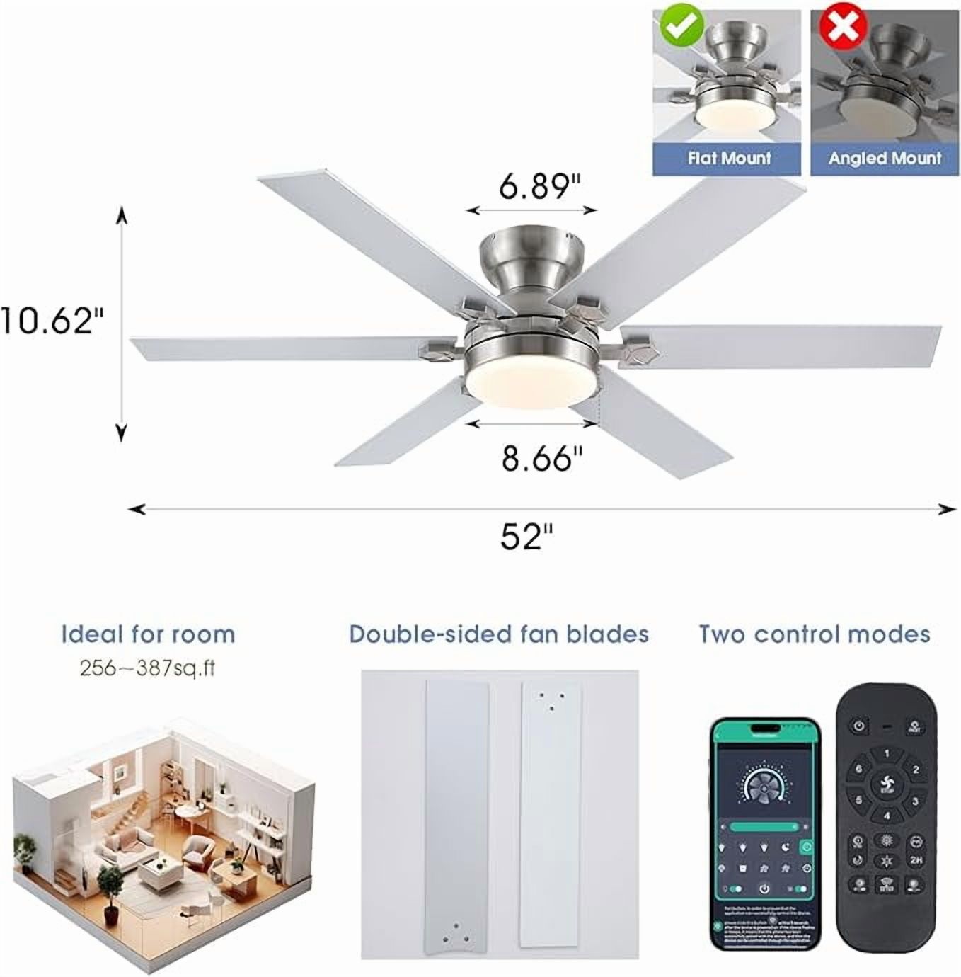 YIOSI 52" Sand Nickel Ceiling Fan with LED Lights, Remote/App Control, Quiet DC Motor, Stylish Design