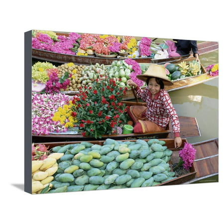 Market Trader in Boat Selling Flowers and Fruit, Damnoen Saduak Floating Market, Bangkok, Thailand Stretched Canvas Print Wall Art By Gavin (Best Electronic Market In Bangkok)