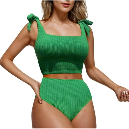 Arnsht Women s Solid Color Sheath High Waisted Bikini Swimsuit Two Piece Adjustable Suspenders Cheeky Bathing Suits Green M