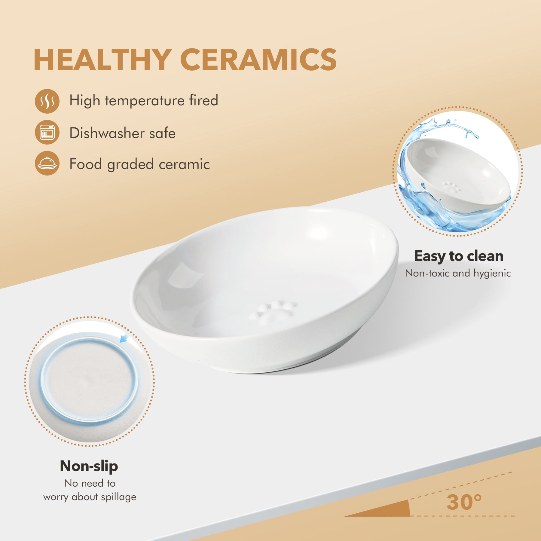 LarqeeWare Ceramic Raised Cat Dishes, Food & Water Bowl with 2 Style Stand Adjustable Raised Pet Bowl Set (2Dish+2Shallow Dish+Stand, White)