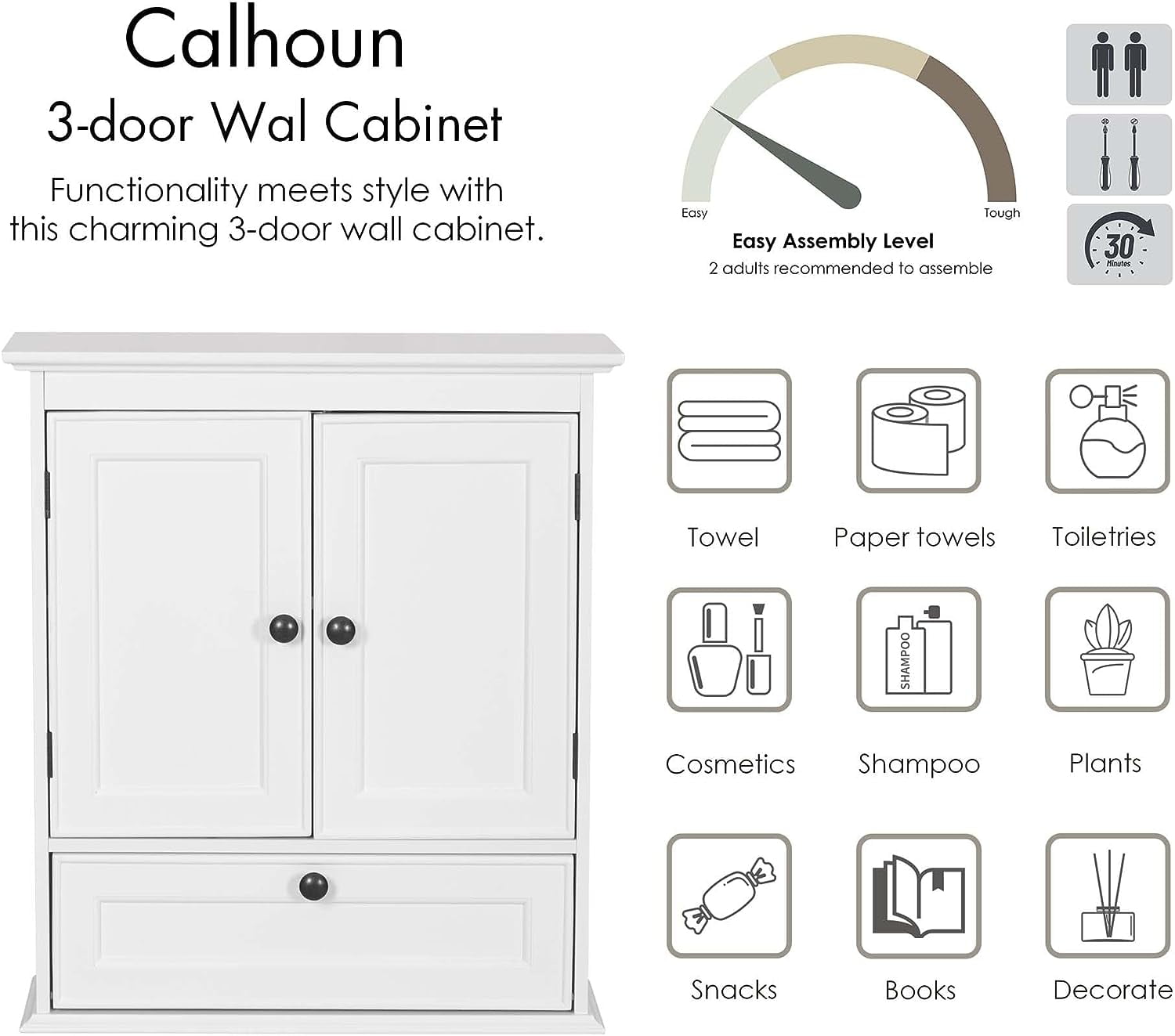 Spirich Bathroom Wall Cabinet with Adjustable Shelf and Door Knobs, White