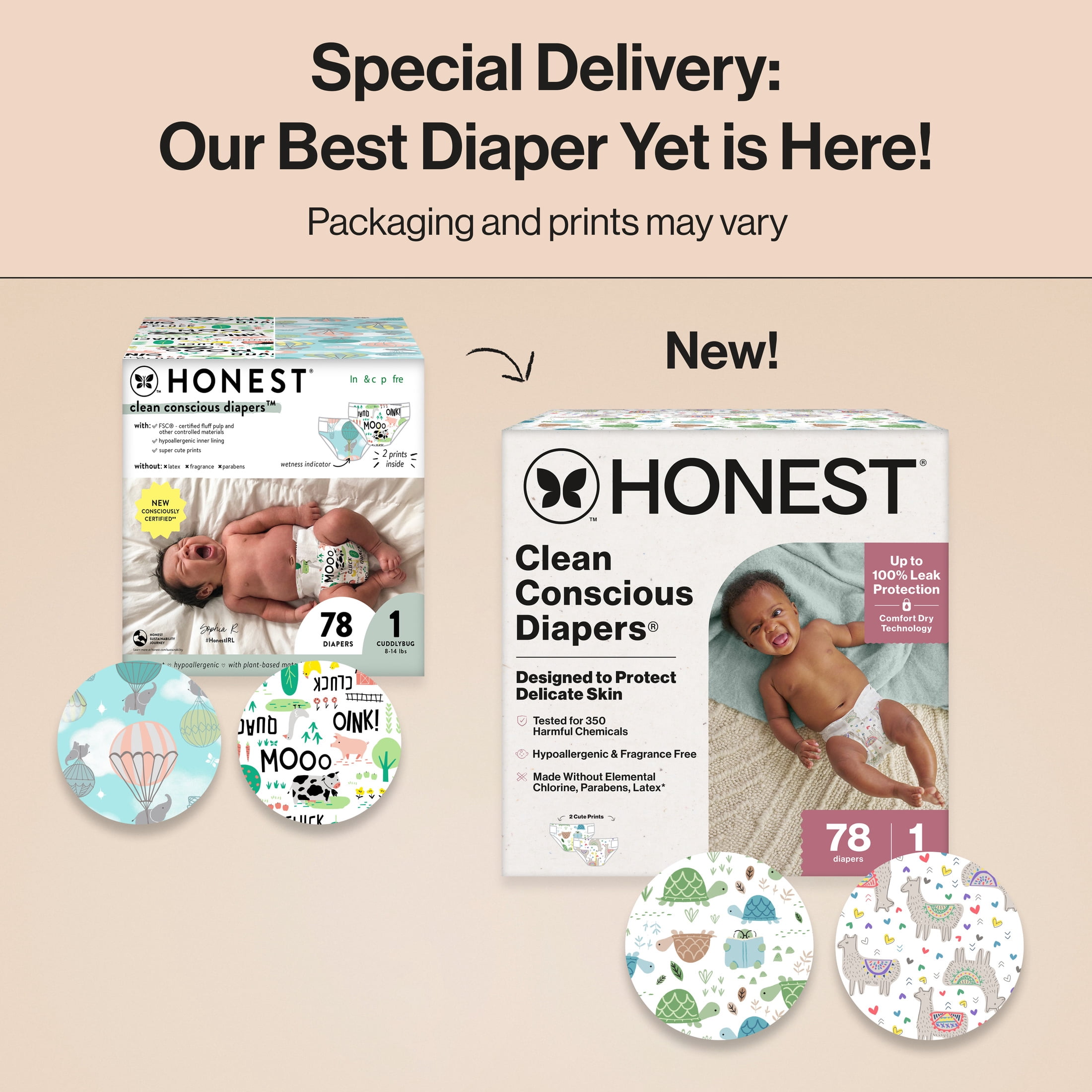 The Honest Company Clean Conscious Diapers® | Up to 100% Leak Protection I Designed to Protect Delicate Skin Hypoallergenic + Fragrance Free All the Alpacas + Turtle Time, Size 1, 78 Count Club Box