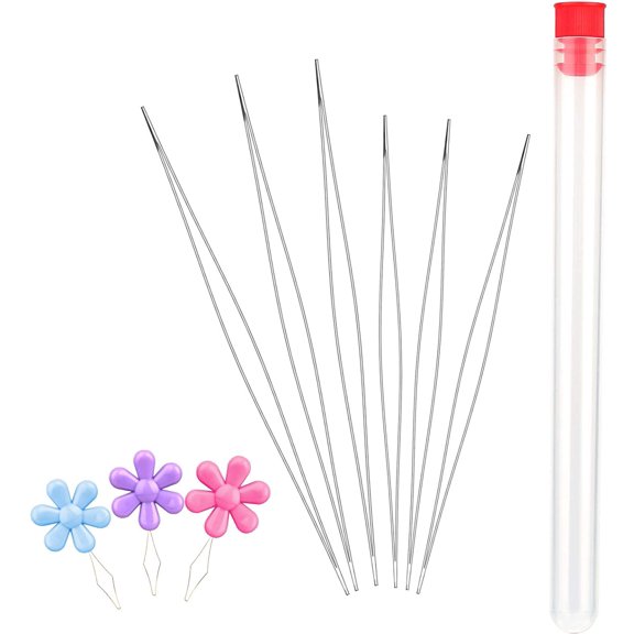 6 Pieces Beading Needles, 2 Sizes Long Straight Beading Embroidery Needles with Needle Bottle and 3 Pcs Bead Needle Threader for Jewelry Making(4.52inch+5.03inch)