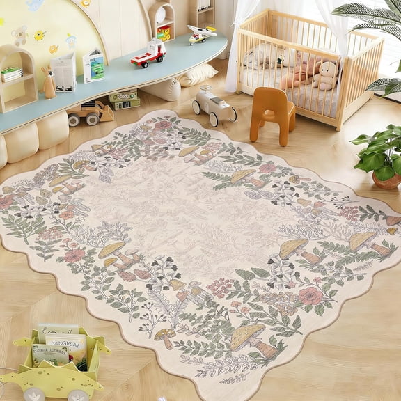 9x12 Area Rug Living Room Washable Non Slip Low Pile Modern Scalloped Botanical Mushroom Beige