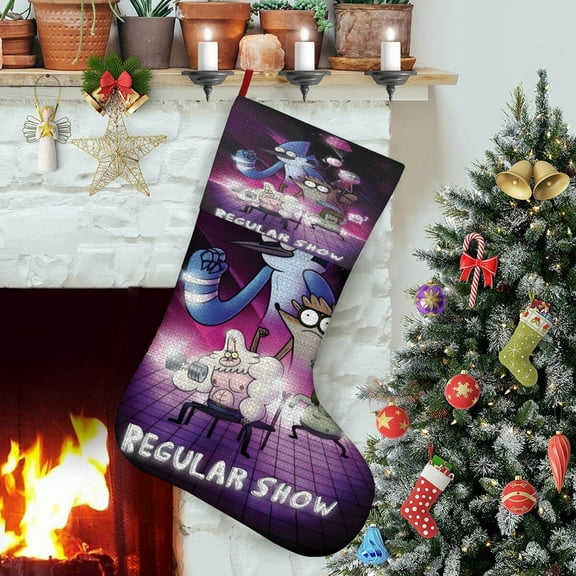 Regular Show-theme Christmas Stockings，Fine white linen for Stairs Fireplace Hanging Xmas Home Decor Christmas gift17.7"X12.6"(45cm×32cm)