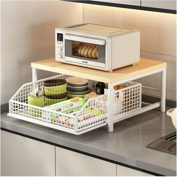 Kitchen Microwave Stand with Storage Basket, Countertop Storage Rack, White