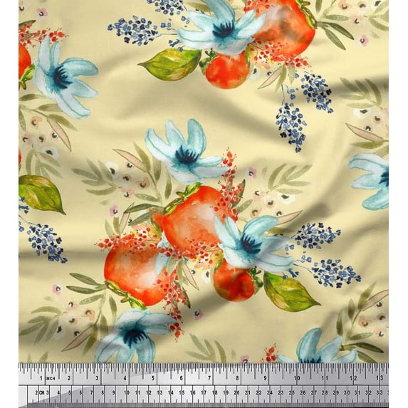 Soimoi Yellow Silk Fabric Tomato & Freesia Floral Print Fabric by Yard 42 Inch Wide