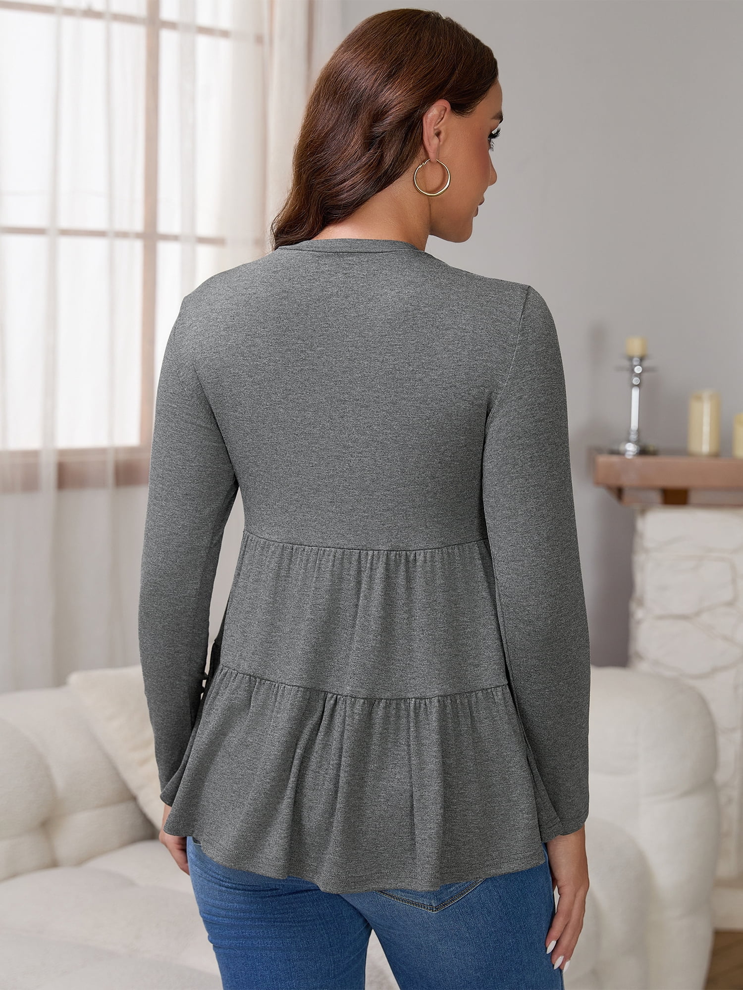 DARING DIVA Women's Nursing Breastfeeding Long Sleeve Tiered Pumping T-Shirts XL Gray