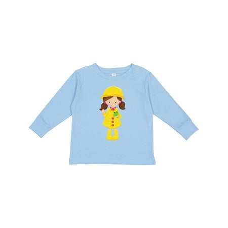 

Inktastic Girl in Raincoat Boots Brown Hair Frog Girls Long Sleeve Toddler T-Shirt