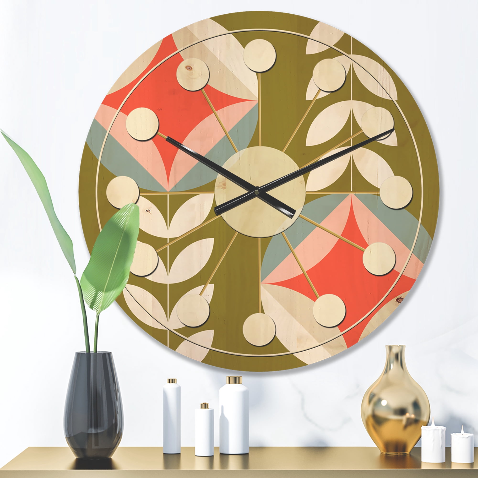 Designart 'Botanical Retro Pattern I' Mid-Century Modern Wood Wall Clock