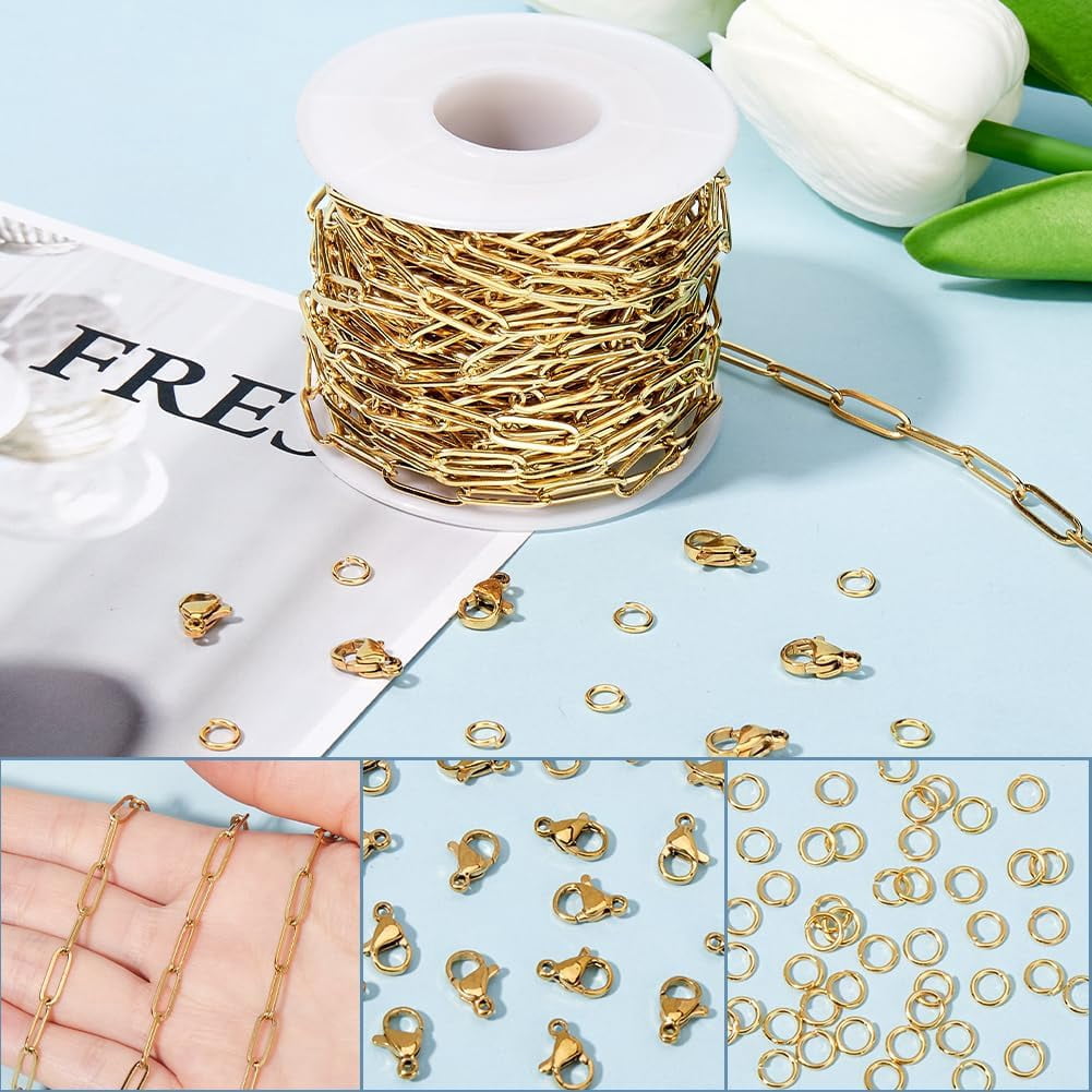 32.8 Feet Gold Paper Clip Chain Bulk Jewelry Paperclip Chain 18K Gold Plated Stainless Steel 12mm Oval Paper Clip Roll Spool Link Chains Kits