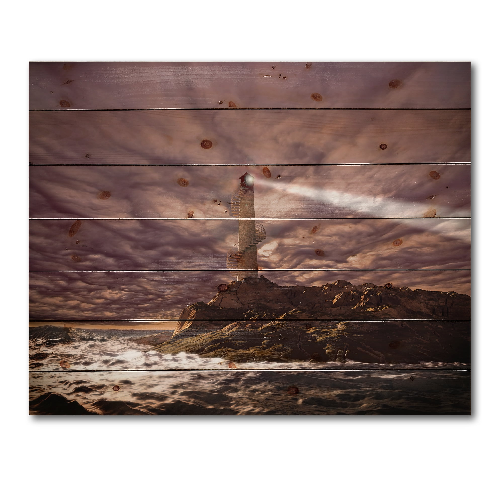 Designart 'Lighthouse Shining Light During Stormy Clouds Night I' Nautical & Coastal Print on Natural Pine Wood