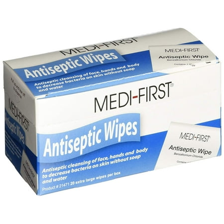 - Medi-First Antiseptic Wipes, Benzalkonium Chloride Cleansing Towelettes, 20 Pack - 21471 - 20 Wipes