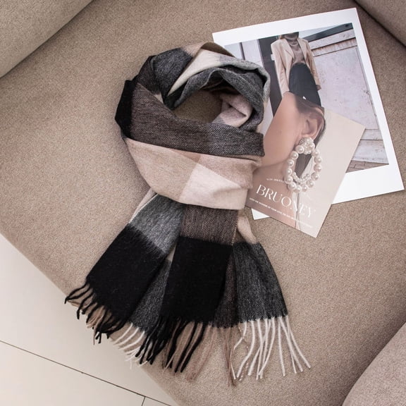 Nvzi-c Womens Wool Scarf Plaid Winter Scarves Blanket for Women Tassel Warm Soft Large Long Shawl Scarves Chunky Lattice Scarf，Style B,Black Grid