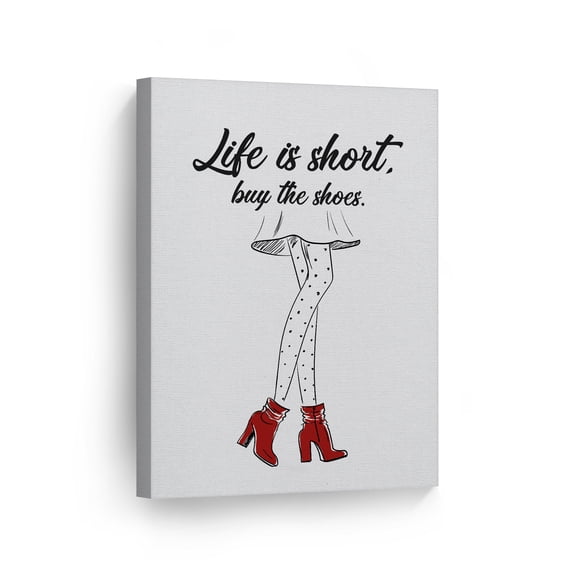 Smile Art Design Life is Short Buy the Shoes Quote Woman Red Boot Sketch Glam Fashion Canvas Wall Art Print Office Bathroom Girls Room Women Dorm Bedroom Living Room Wall Decor Ready to Hang 40x30