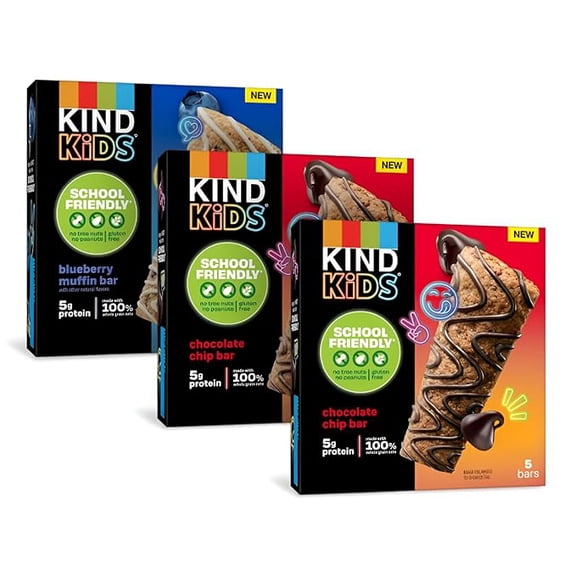 KIND Kids School Friendly Blueberry Muffin and Chocolate Chip Oat Bars Variety Pack, Tree Nut and Peanut Free, Gluten Free, Made With Whole Grain Oats, 5g Protein, 15 Count