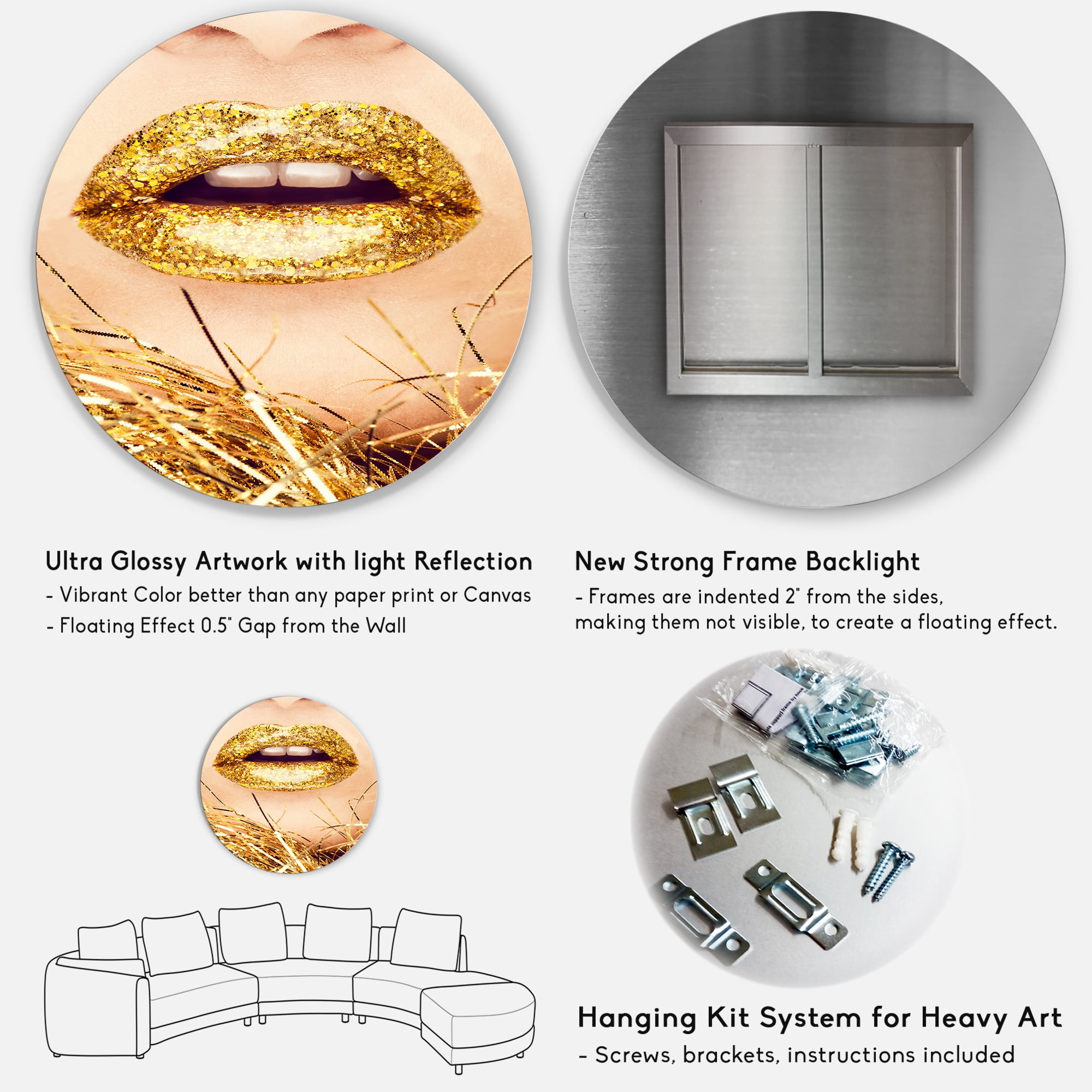 Designart 'Close-Up Of Golden Female Lips I' Modern Circle Metal Wall Art 36x36 - Disc of 36