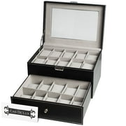 Watch Box Organizer Pillow Case - 20 Slot Luxury Premium Display Cases With Framed Glass Lid Elegant Contrast Stitching Sturdy & Secure Lock for Men and Women Watch & Jewelry Large Holder Boxes Gift