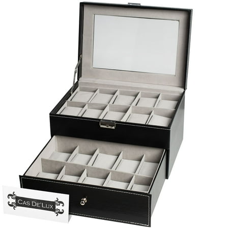 Watch Box Organizer Pillow Case - 20 Slot Luxury Premium Display Cases With Framed Glass Lid Elegant Contrast Stitching Sturdy & Secure Lock for Men and Women Watch & Jewelry Large Holder Boxes Gift