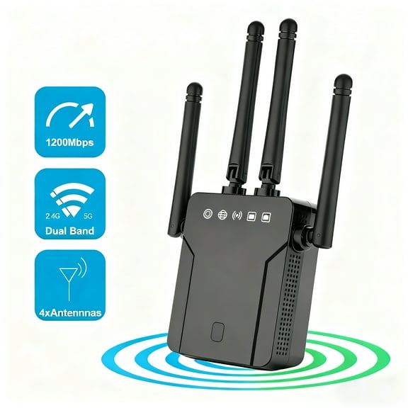 ZHENYEMEI WiFi Extender Signal Booster, 1200Mbps 5G/2.4G Dual Band Wireless Ethernet Adapter, WiFi Repeater with 4 Antennas, WiFi Repeater Internet Booster, WiFi Extenders Signal Booster for Home