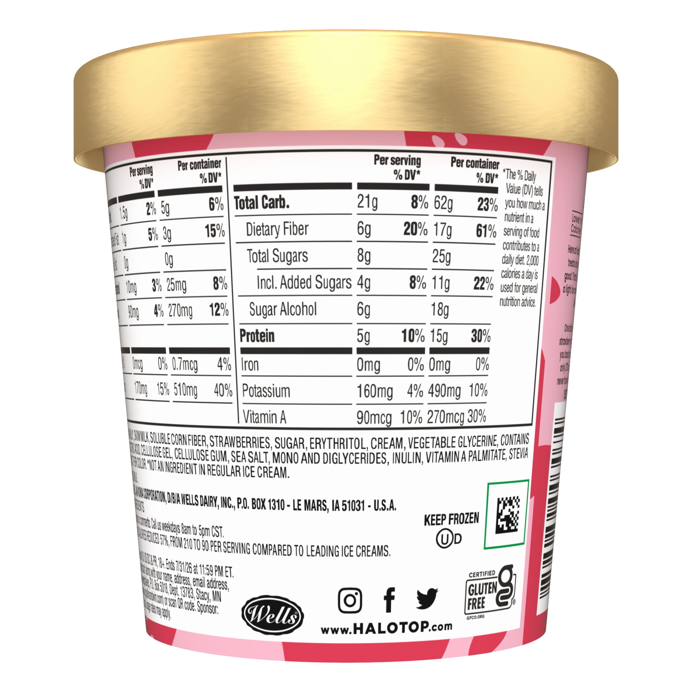 Halo Top Strawberry Flavored Light Ice Cream, With A Good Source of Protein, Lower Calorie Frozen Dessert, 16 fl oz Pint