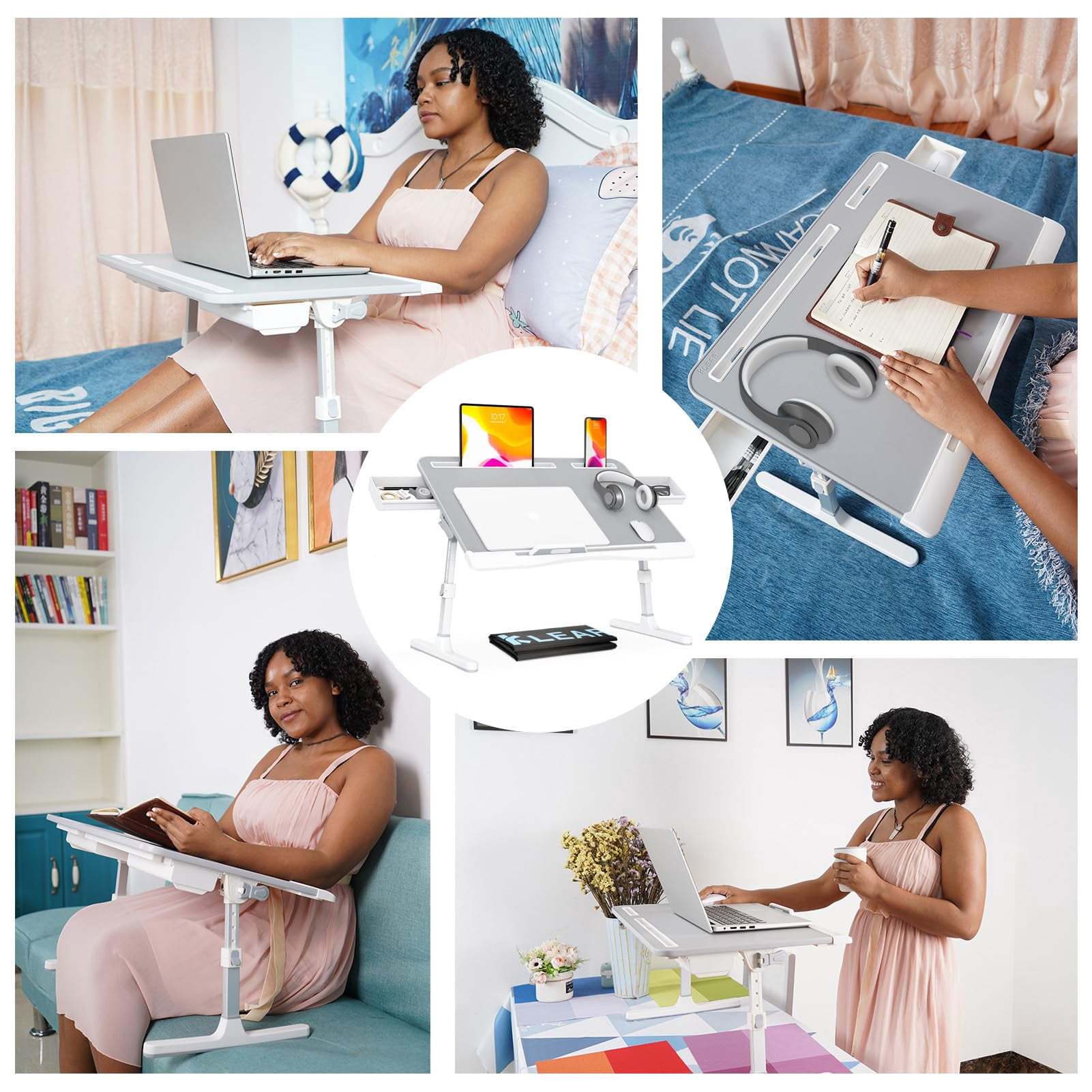 Foldable Laptop Bed Tray Desk With Extral Drawstring Bag  Adjustable Table Heights And Angles Lap For Eating Working Writing Gaming Drawing 2 Drawers(grey)